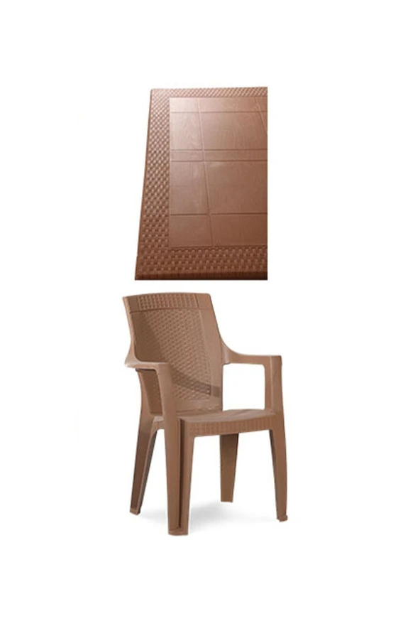 Almina Bambu Rattan Takım 90X90 Cm Trend Lüx Camsız Masa 4 Adet Gold Sandalye Badem Renk ürün görseli 1