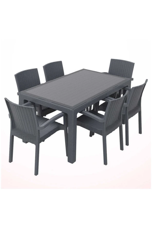 Premium Rattan Masa Takımı 80X140Cm 6Lı Camlı Bahçe Mutfak Masa Takımı Antrasit ürün görseli 1