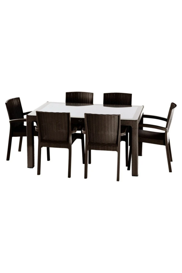 Premium Rattan Masa Takımı 80X140 Camlı Rattan Masa 6 Kişilik Sandalye Masa Takımı Kahve ürün görseli 1