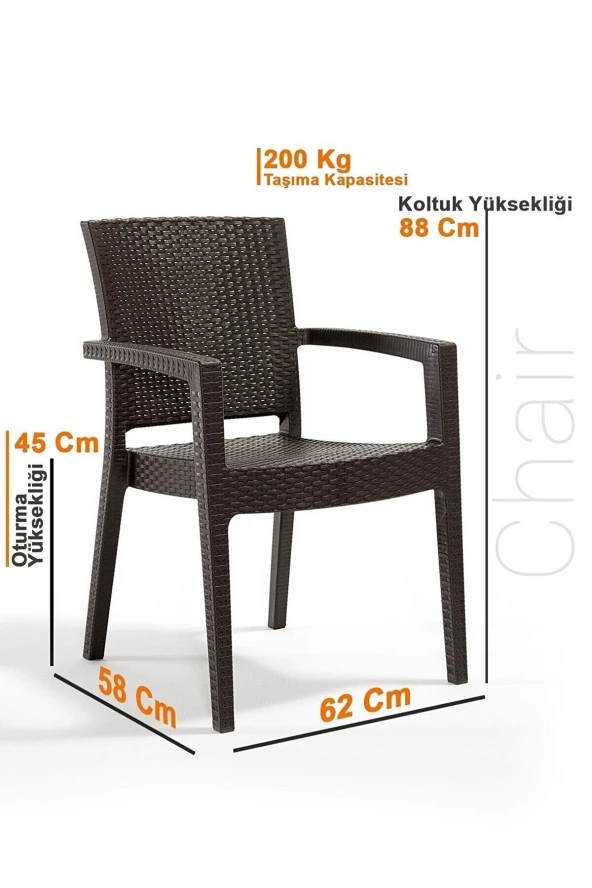Almina Rattan Takım 90X90 Cm Trend Lüx Camlı Masa 4 Adet Kollu Sandalye Kahverengi ürün görseli 1