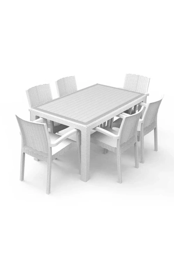 Capissi Camlı Rattan Masa Takımı 80x140 Camlı Rattan masa 6 Kişilik Sandalye Takımı Beyaz ürün görseli 1