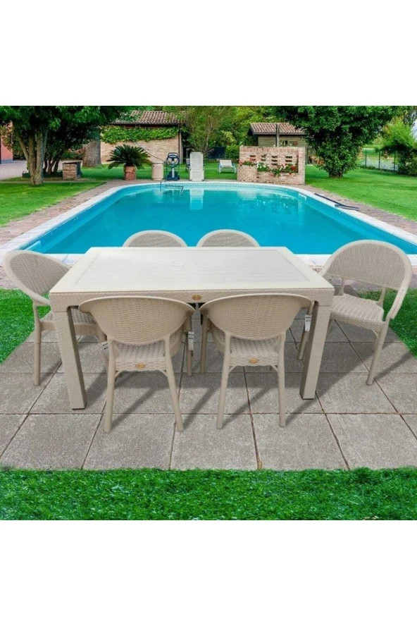 Capissi Rattan Camlı Masa Takımı 90X150 Ölçü Masa 6 Adet Bambu Rattan Koltuk ürün görseli 1