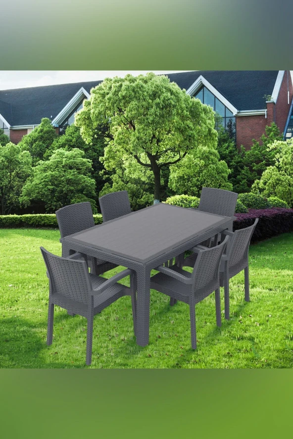Premium Rattan Masa Takımı 90X150 6Lı Camlı Bahçe Mutfak Masa Takımı Antrasit ürün görseli 1
