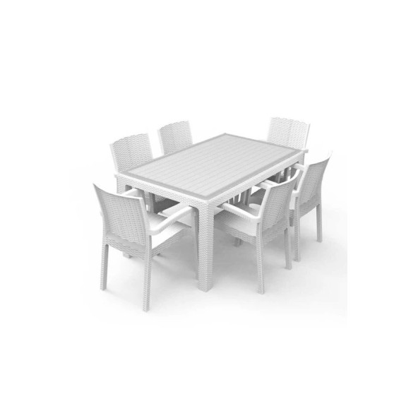 Premium Rattan Masa Takımı 80X140 Rattan Camlı Masa 6 Kişilik Sandalye Bahçe Mutfak Masa Takımı Beyaz ürün görseli 1