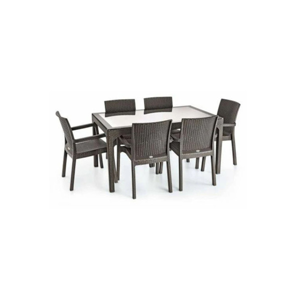 Premium Rattan Masa Takımı 90X150 Camlı Rattan Masa 6 Kişilik Sandalye Masa Takımı ürün görseli 1
