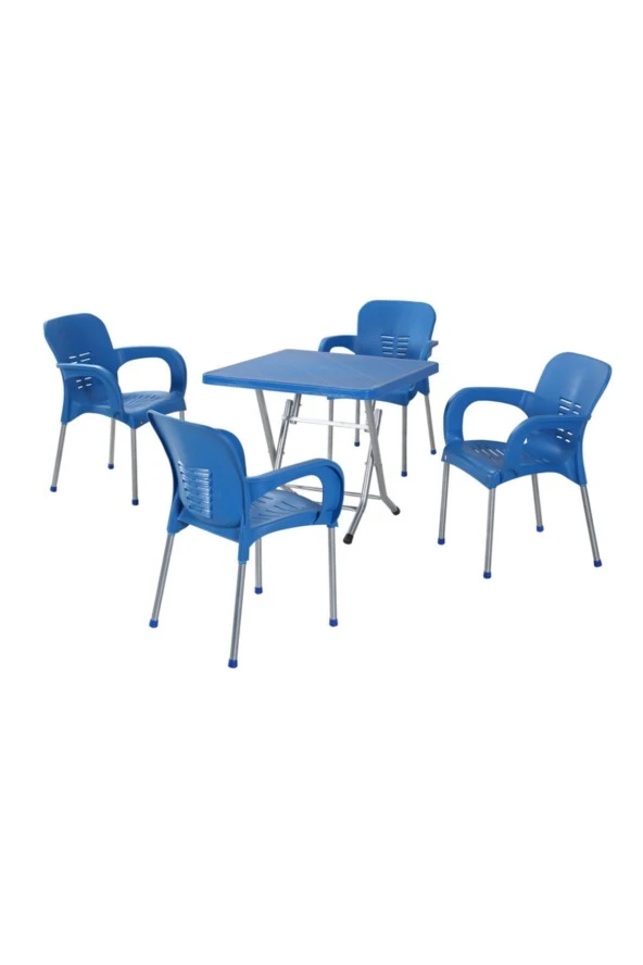 Metal Ayaklı Katlanır Masa 80X80 Cm 4 Adet Sandalye Takımı Mavi ürün görseli 1