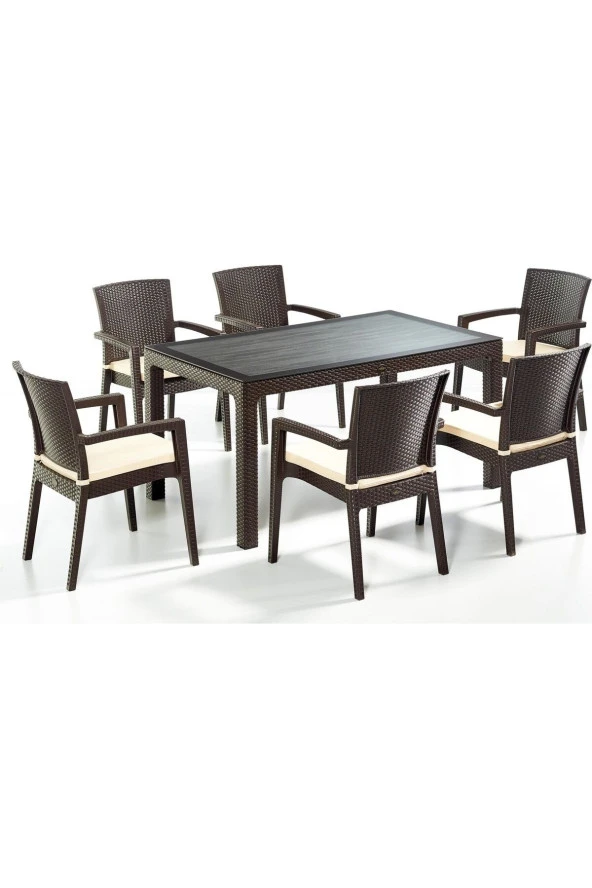Premium Rattan Masa Takımı 6 Sandalye 80x140 Camlı Rattan Masa Takımı ürün görseli 1