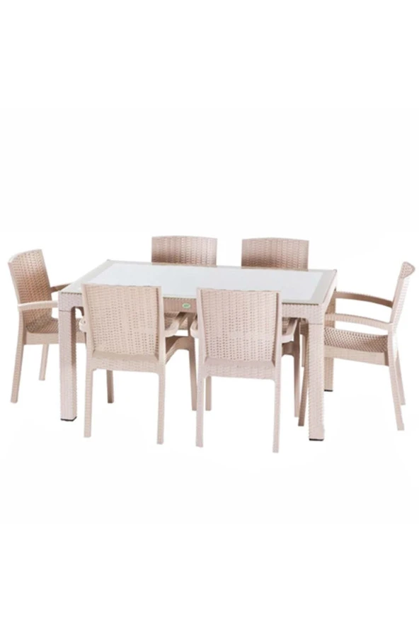 Rattan Masa Takımı 90x150 Camlı Masa 6 Kişilik Sandalye Takımı Kapuçino Renk ürün görseli 1