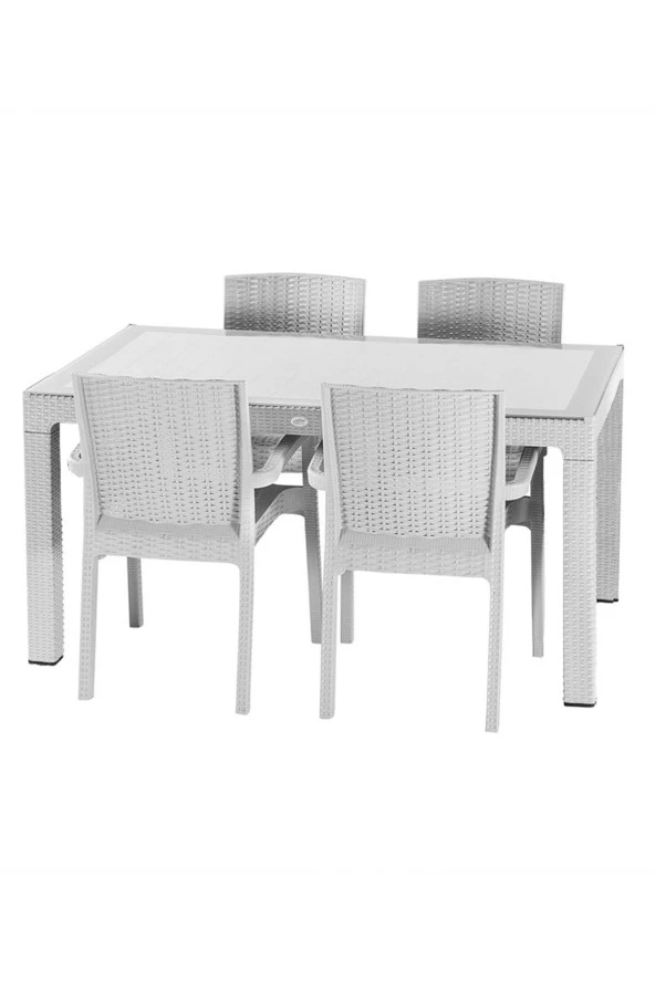 Premium Rattan Masa Takımı 80X140 4Lü Camlı Bahçe Mutfak Masa Takımı Beyaz ürün görseli 1