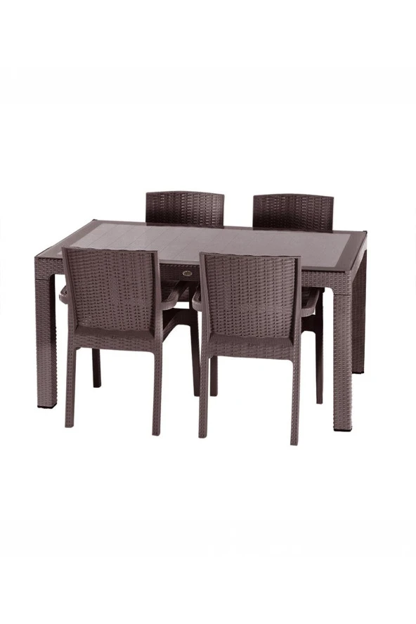 Premium Rattan Masa Takımı 90X150 4Lü Camlı Bahçe Mutfak Masa Takımı Kahve ürün görseli 1