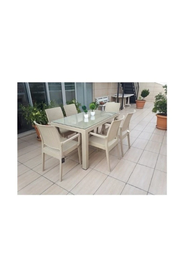 Premium Rattan Masa Takımı 80X140 Camlı Masa 6 Sandalye Rattan Takım Çöl Beji ürün görseli 1