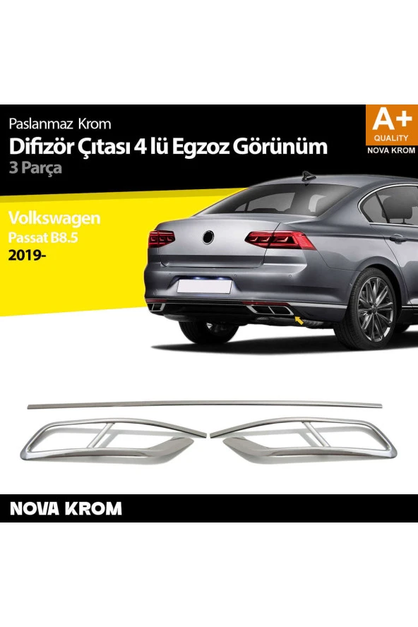 VW Passat B8.5 Krom Egzoz Görünümü Difüzör 4'lü R Line 3 Parça 2019 ve Üzeri ürün görseli 1