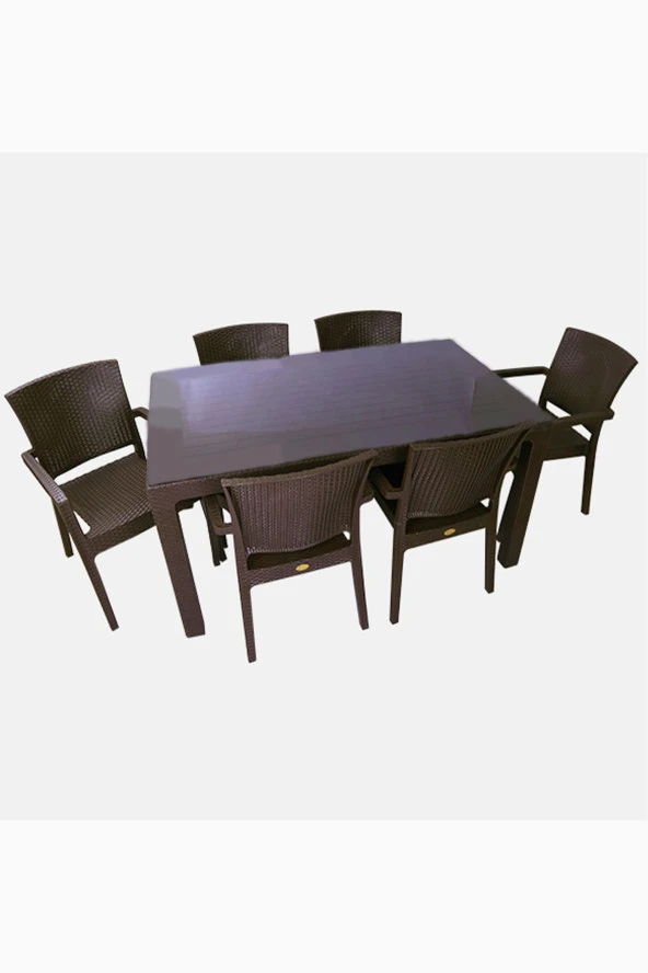 Almina Italy 80X140 Camlı Masa Takımı 6 Kişilik Rattan Desenli Bahçe Balkon Kahve Rattan Masa Takımı ürün görseli 1