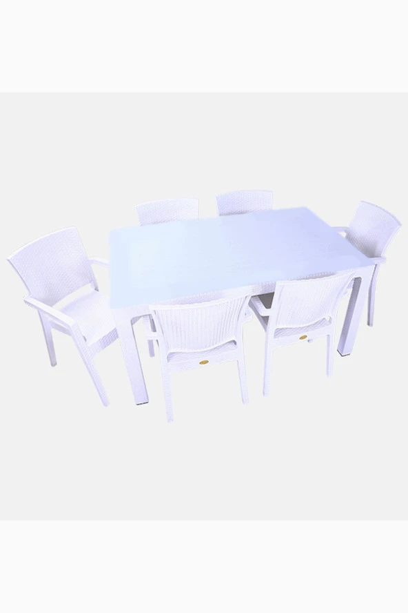 Almina Rattan 80X140 Camlı Masa Takımı 6 Kişilik Rattan Desenli Bahçe Balkon Beyaz Rattan Masa Takımı ürün görseli 1