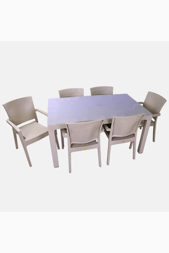 Almina Italy 80X140 Camlı Masa Takımı 6 Kişilik Rattan Desenli Bahçe Balkon Kapuçino Rattan Masa Takımı ürün görseli 1