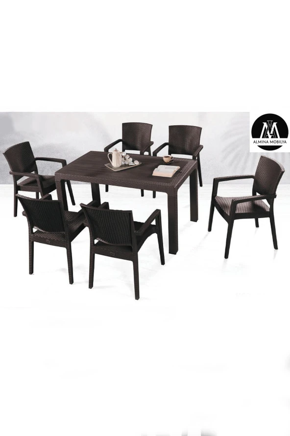 Almina Italy 90X150 Camsız Masa Takımı 6 Kişilik Rattan Desenli Bahçe Balkon Kahve Rattan Masa Takımı ürün görseli 1