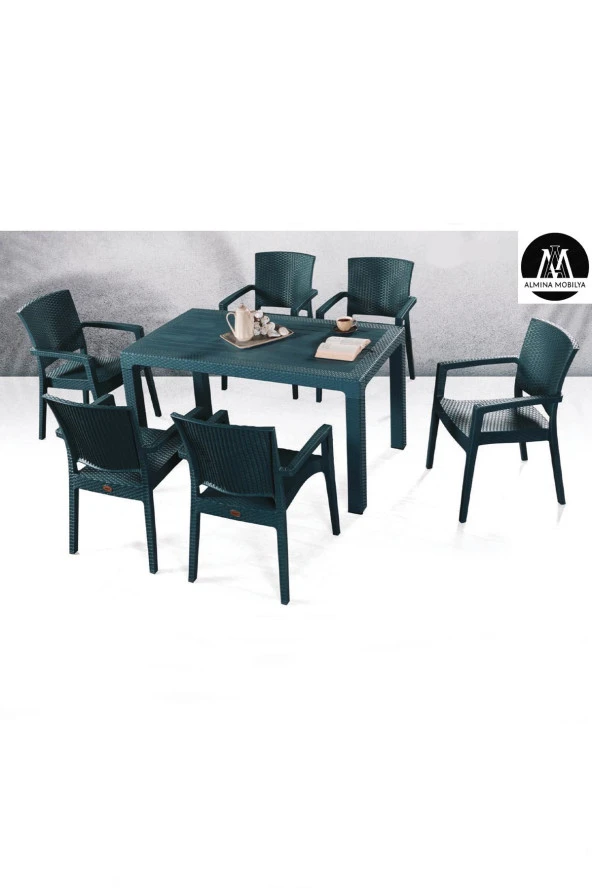 Almina Italy 90X150 Camsız Masa Takımı 6 Kişilik Rattan Desenli Bahçe Balkon Antrasit Rattan Masa Takımı ürün görseli 1