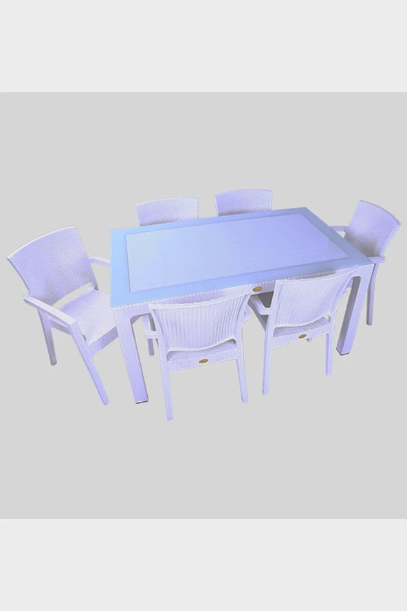 Almina Rattan 90X150 Camlı Masa Takımı 6 Kişilik Rattan Desenli Bahçe Balkon Beyaz Rattan Masa Takımı ürün görseli 1