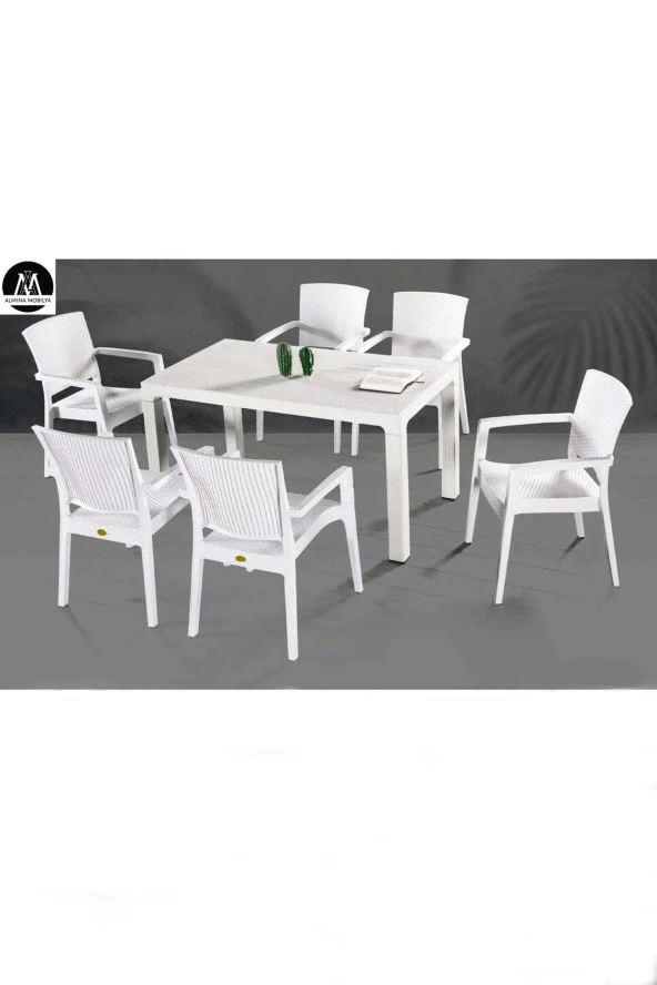 Almina Rattan 90X150 Camsız Masa Takımı 6 Kişilik Rattan Desenli Bahçe Balkon Beyaz Rattan Masa Takımı ürün görseli 1