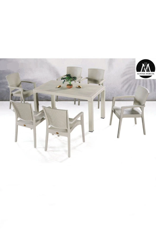 Almina Italy 90X150 Camsız Masa Takımı 6 Kişilik Rattan Desenli Bahçe Balkon Kapuçino Rattan Masa Takımı ürün görseli 1