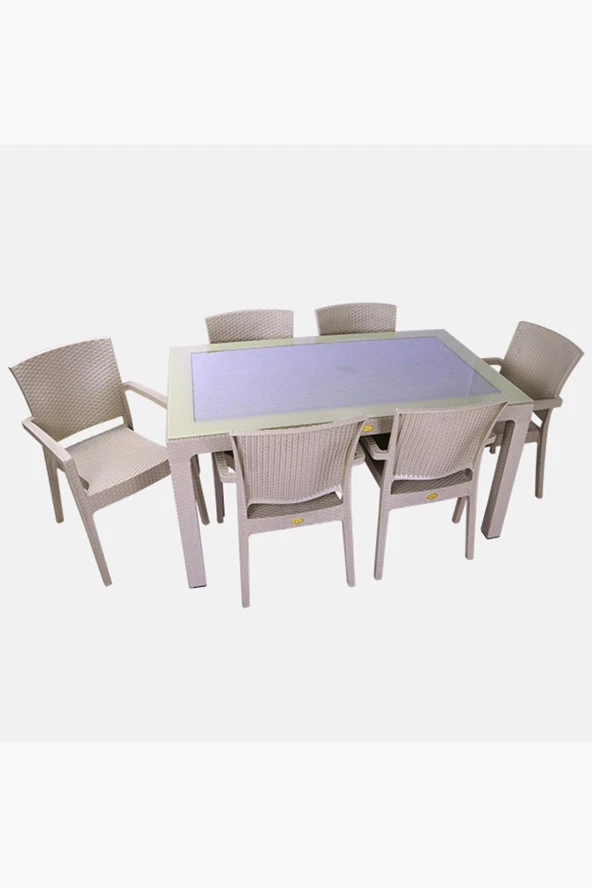 Almina Italy 90X150 Camlı Masa Takımı 6 Kişilik Rattan Desenli Bahçe Balkon Kapuçino Rattan Masa Takımı ürün görseli 1