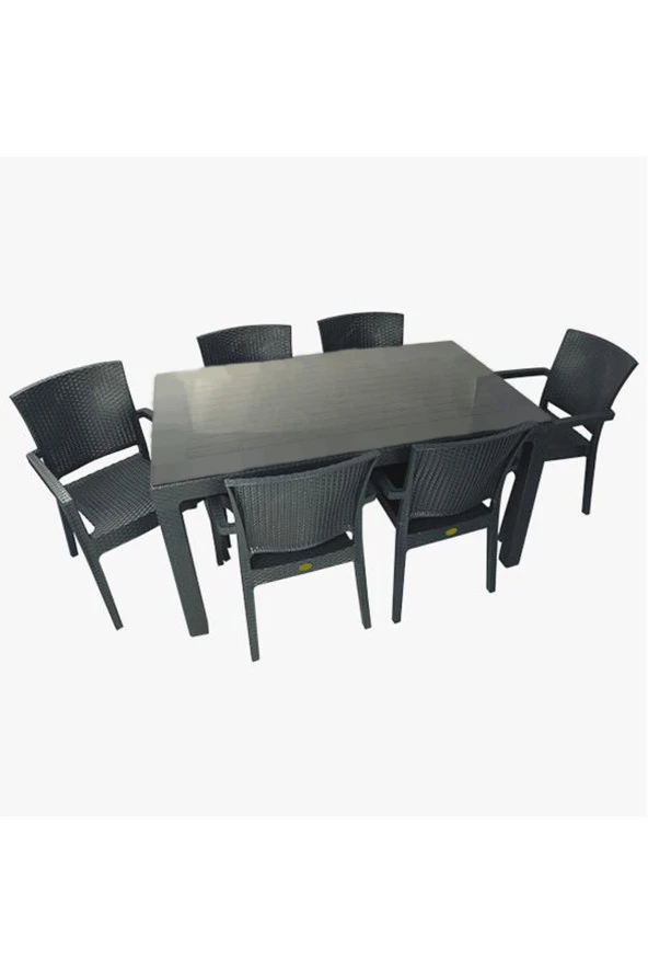 Almina Italy 80X140 Camlı Masa Takımı 6 Kişilik Rattan Desenli Bahçe Balkon Antrasit Rattan Masa Takımı ürün görseli 1