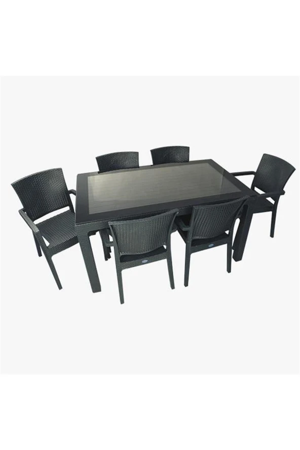 Almina Italy 90X150 Camlı Masa Takımı 6 Kişilik Rattan Desenli Bahçe Balkon Antrasit Rattan Masa Takımı ürün görseli 1