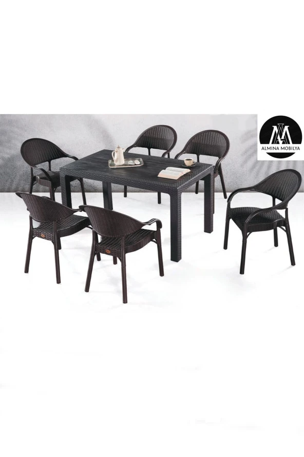 Almina Bambu Pro Rattan Camsız 80X140Cm Masa 6 Kişilik Sandalye Takımı Bahçe Balkon Teras Seti Kahverengi ürün görseli 1