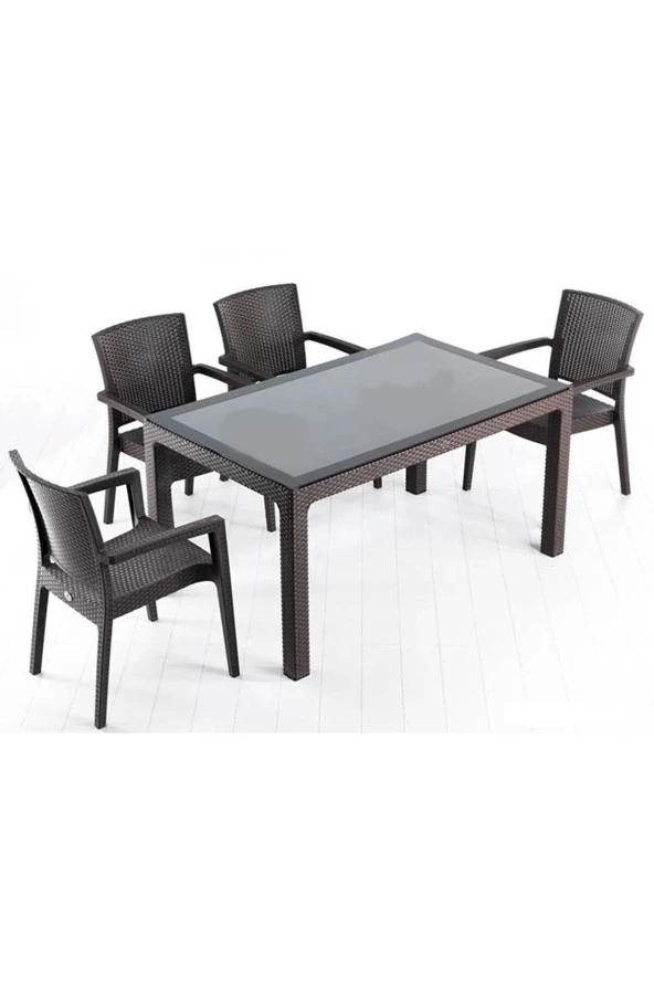 Almina Italy Rattan Takım 70X100 Cm Camsız Masa 4 Adet Rattan Sandalye Balkon Ve Bahçe Mobilyası ürün görseli 1