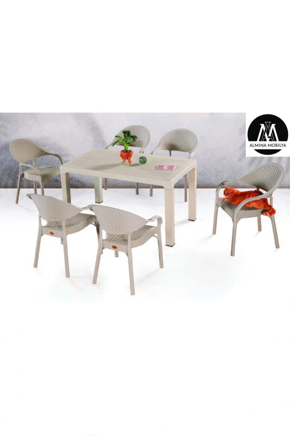 Almina Bambu Pro 90X150Cm Rattan Bahçe Balkon Masa Takımı 6 Kişilik Camsız Set Cappuccino ürün görseli 1