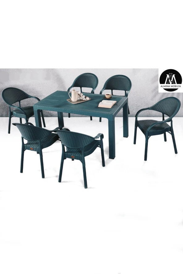 Almina Bambu Pro 90X150Cm Rattan Bahçe Balkon Masa Takımı 6 Kişilik Camsız Set Antrasit ürün görseli 1
