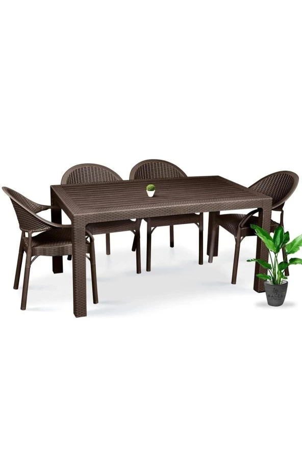 Almina Bambu Pro 70X100Cm Rattan Bahçe Balkon Masa Takımı 4 Kişilik Camsız Set Kahverengi ürün görseli 1