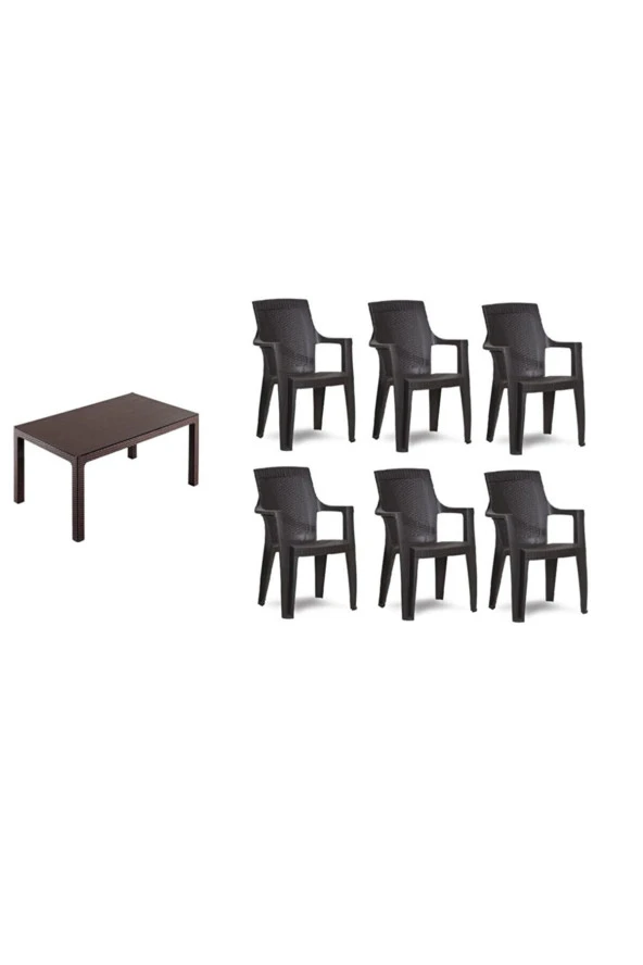 Almina Italy Pro Rattan 80X140 Cm Masa 6 Adet Gold Sandalye Mobilya Acı Kahve ürün görseli 1