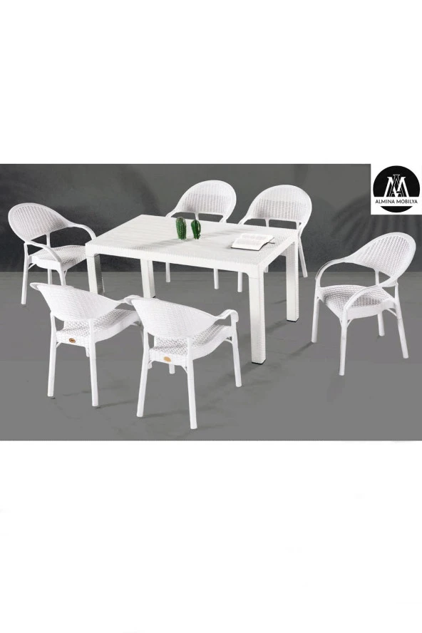 Almina Bambu Pro Rattan Camsız 80X140Cm Masa 6 Kişilik Sandalye Takımı Bahçe Balkon Teras Seti Beyaz ürün görseli 1