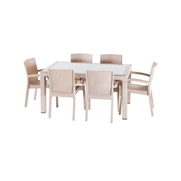 Almina Rattan Masa Takımı 90x150 Camlı Masa 6 Kişilik Rattan Sandalye Seti Bahçe Balkon Teras Takımı ürün görseli 1