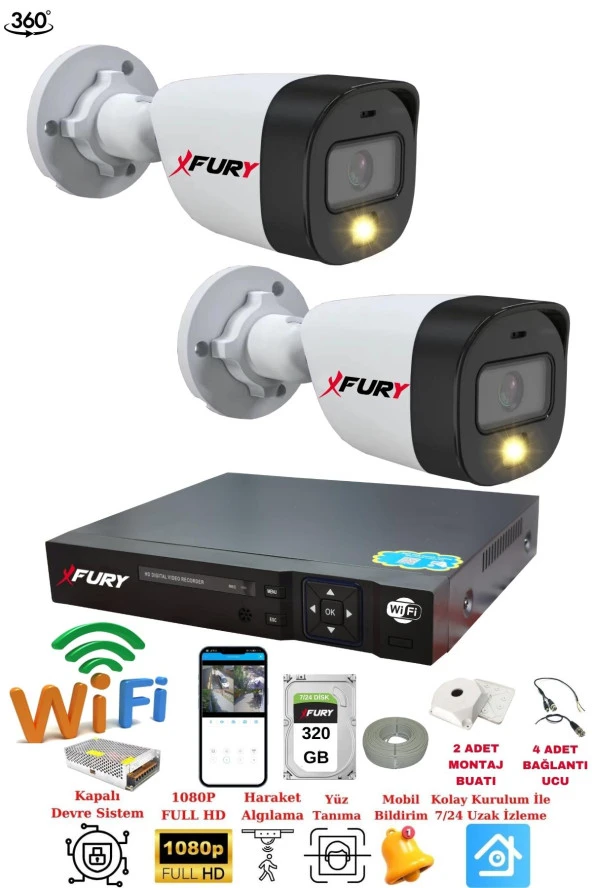 FURY 2 Kameralı Gece Renkli 1080p 2mp Görüntü Full Hd Ultra Led Gece Renkli Güvenlik Kamerası Seti 320gb ürün görseli 1