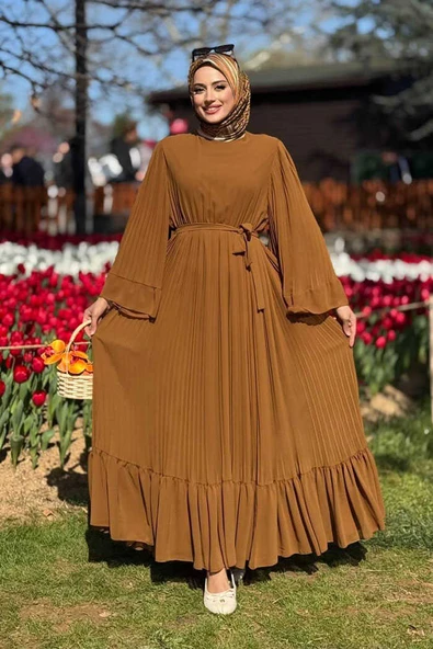 Piliseli Fırfır Görünümlü Astarlı Şifon Elbise 3404 Taba ürün görseli 1