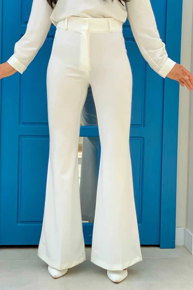 Bel Fermuarlı İspanyolpaça Pantolon 0231 Ekru - Resim 2