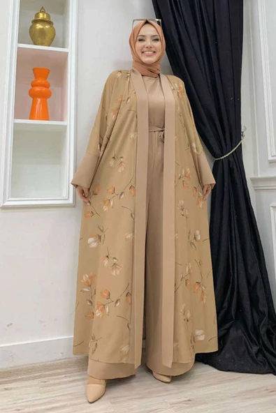 Desenli Abaya Düz Cep Detay Kuşaklı Sıfır Kol Tulum Takım 8312 Taba ürün görseli 1