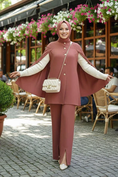 Pelerinli Düğme Detay Ceket ve Pantolon Takım 8354 Gül Kurusu ürün görseli 1