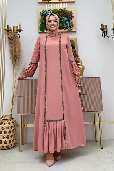 Taş Detaylı Abaya Sıfır Kol Elbise Takım 3657 Pudra ürün görseli 1