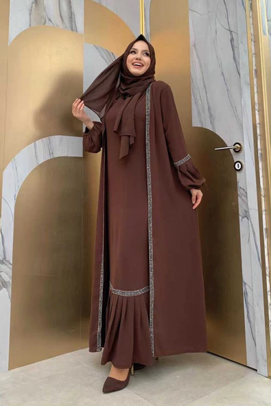 Taş Detaylı Abaya Sıfır Kol Elbise Takım 3657 Kahverengi ürün görseli 1