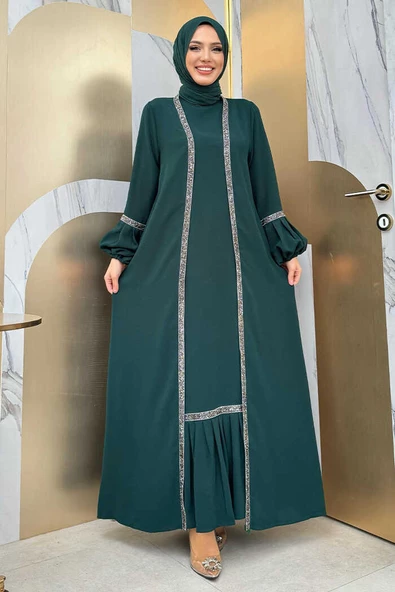 Taş Detaylı Abaya Sıfır Kol Elbise Takım 3657 Zümrüt ürün görseli 1