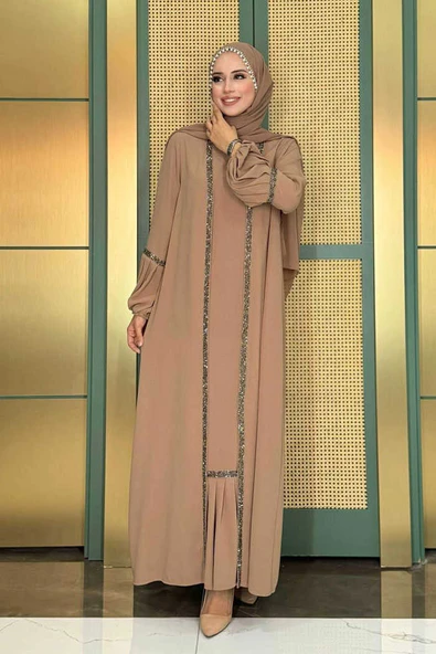 Taş Detaylı Abaya Sıfır Kol Elbise Takım 3657 Vizon ürün görseli 1