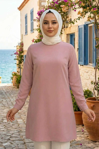 Kol Manşetleri Düğmeli Bisiklet Yaka Uzun Tunik 2649 Pudra ürün görseli 1