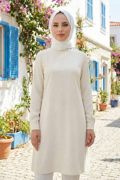 Kol Manşetleri Düğmeli Bisiklet Yaka Uzun Tunik 2649 Taş ürün görseli 1