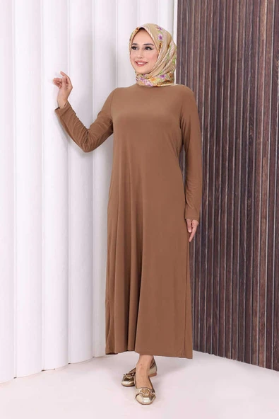 Düz Bisklet Yaka Uzun Kol İç Sandy Elbise 3202 Taba ürün görseli 1