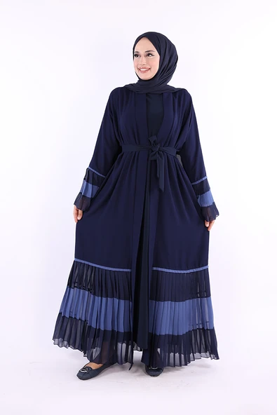 Kol ve Etek Ucu İki Renkli Bel Kuşaklı Piliseli Abaya 7454 Lacivert ürün görseli 1