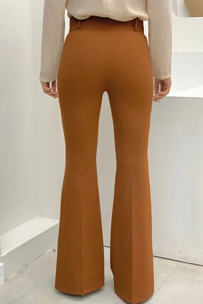 Bel Fermuarlı İspanyolpaça Pantolon 0231 Koyu Taba - Resim 4