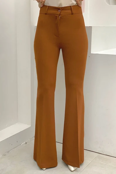 Bel Fermuarlı İspanyolpaça Pantolon 0231 Koyu Taba - Resim 3